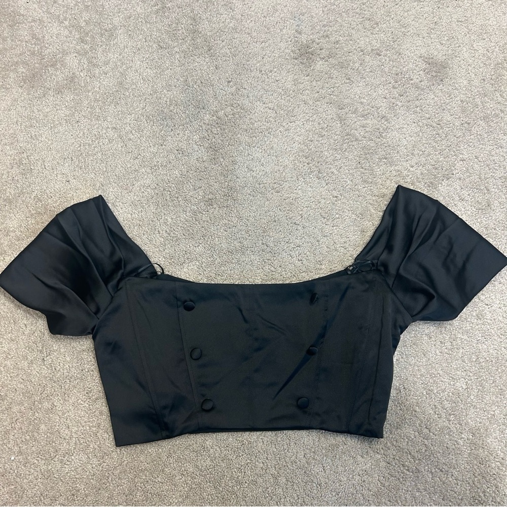 Zara Black satin effect buttoned short pleated sleeve crop top Sz L NWT - Picture 5 of 15